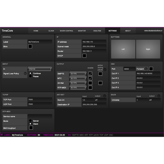 TimeCore Monitor of Settings Page